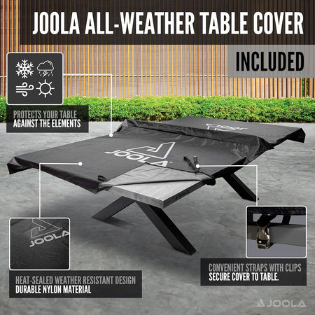 Infographic showing the all-weather table cover for the JOOLA Berkshire Gray indoor/outdoor table tennis table.