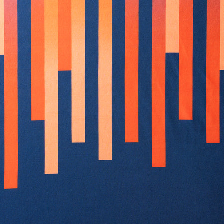 Pattern of vertical orange and beige stripes on a blue background.