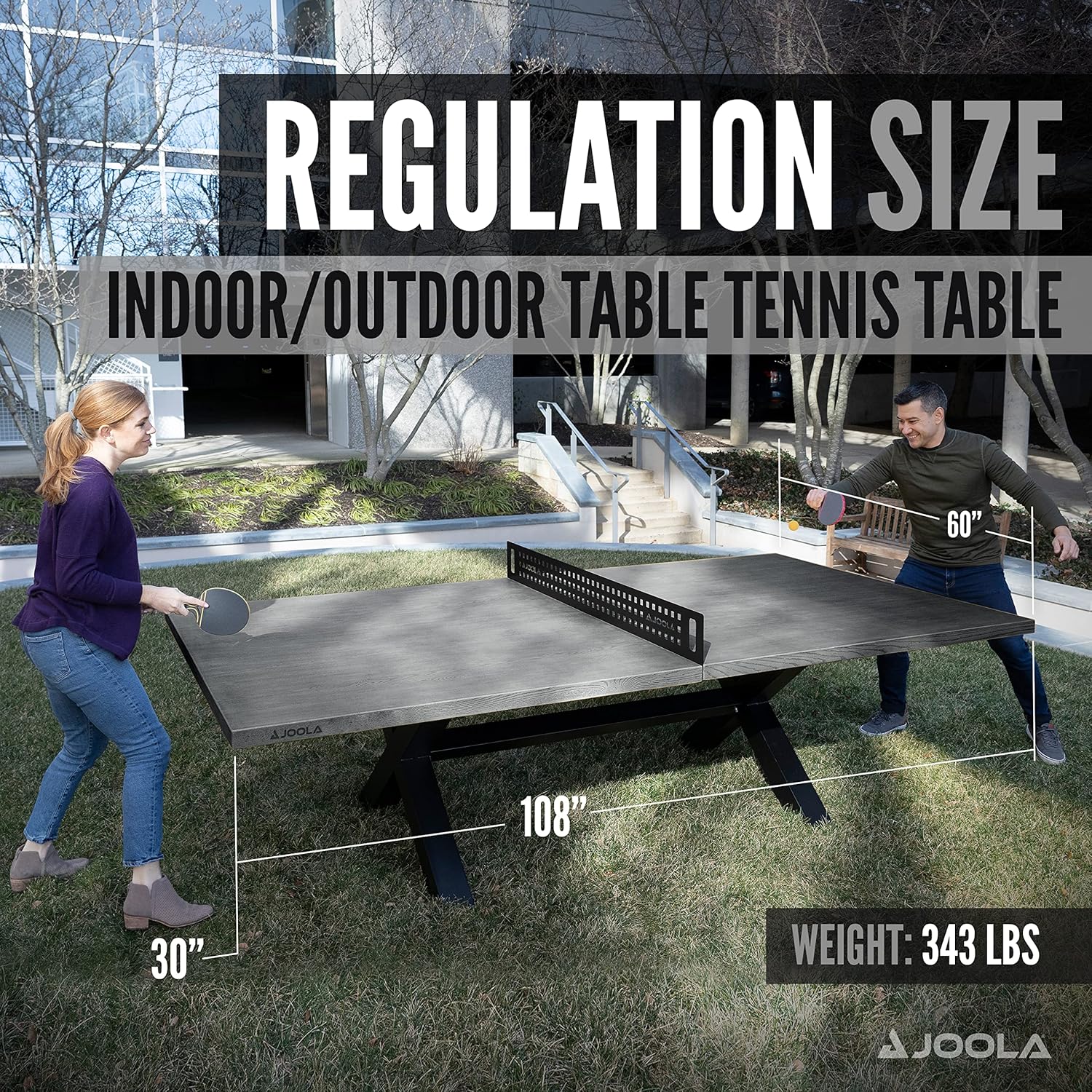 Infographic showing two people playing table tennis on the JOOLA Berkshire gray indoor/outdoor table tennis table.