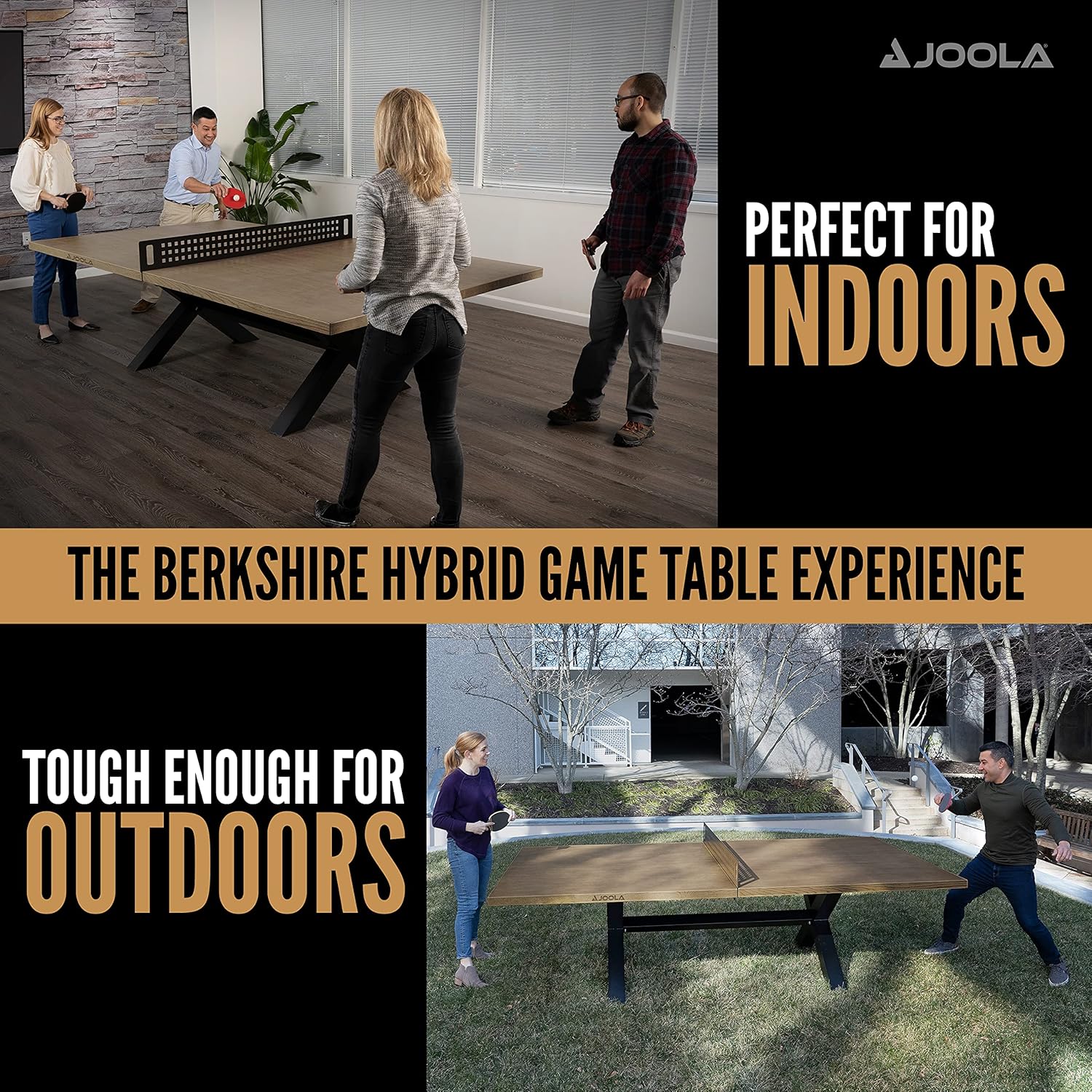 Infographic showing people playing indoor and outdoor with the JOOLA Berkshire Indoor/Outdoor Table Tennis Table.