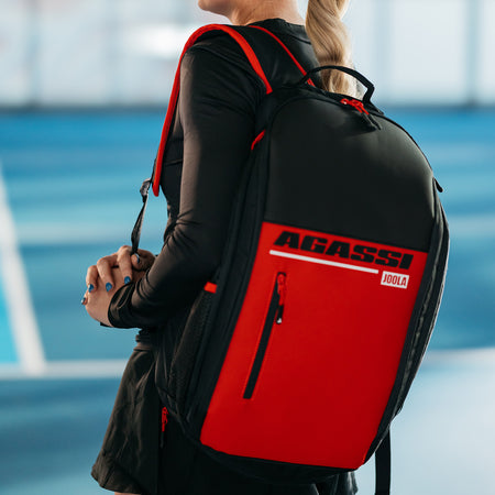 Close up product image of Brooke Buckner wearing the Agassi Vision II backpack.