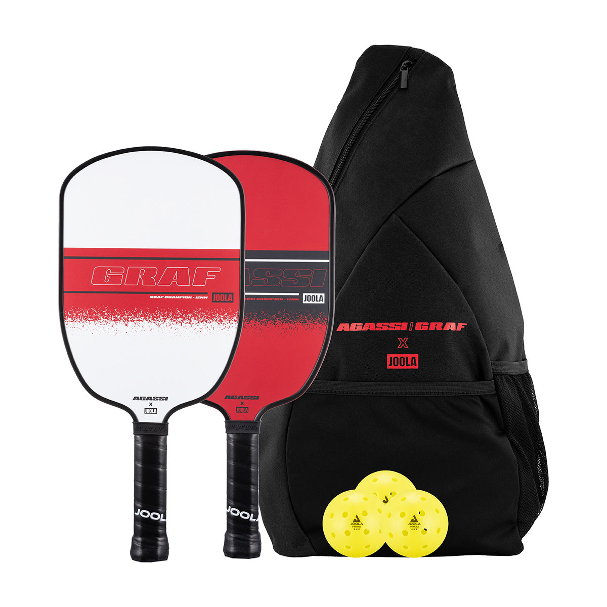 White background, product image of the one Agassi Champion pickleball paddle and one Graf Champion pickleball paddle with three primos pickleballs and a Agassi x JOOLA sling bag.