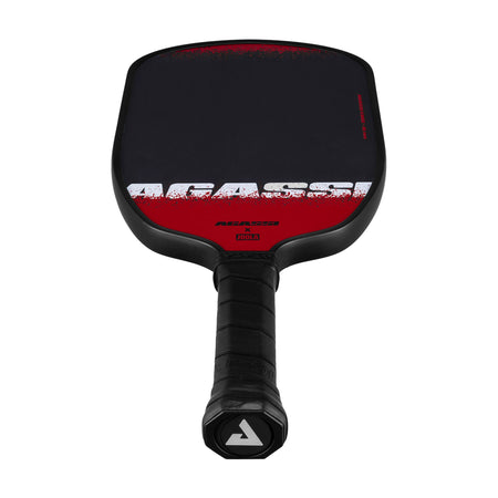 White background, product image of the Agassi x JOOLA Agassi Edge pickleball paddle showing the JOOLA trinity logo on the paddle's end cap.