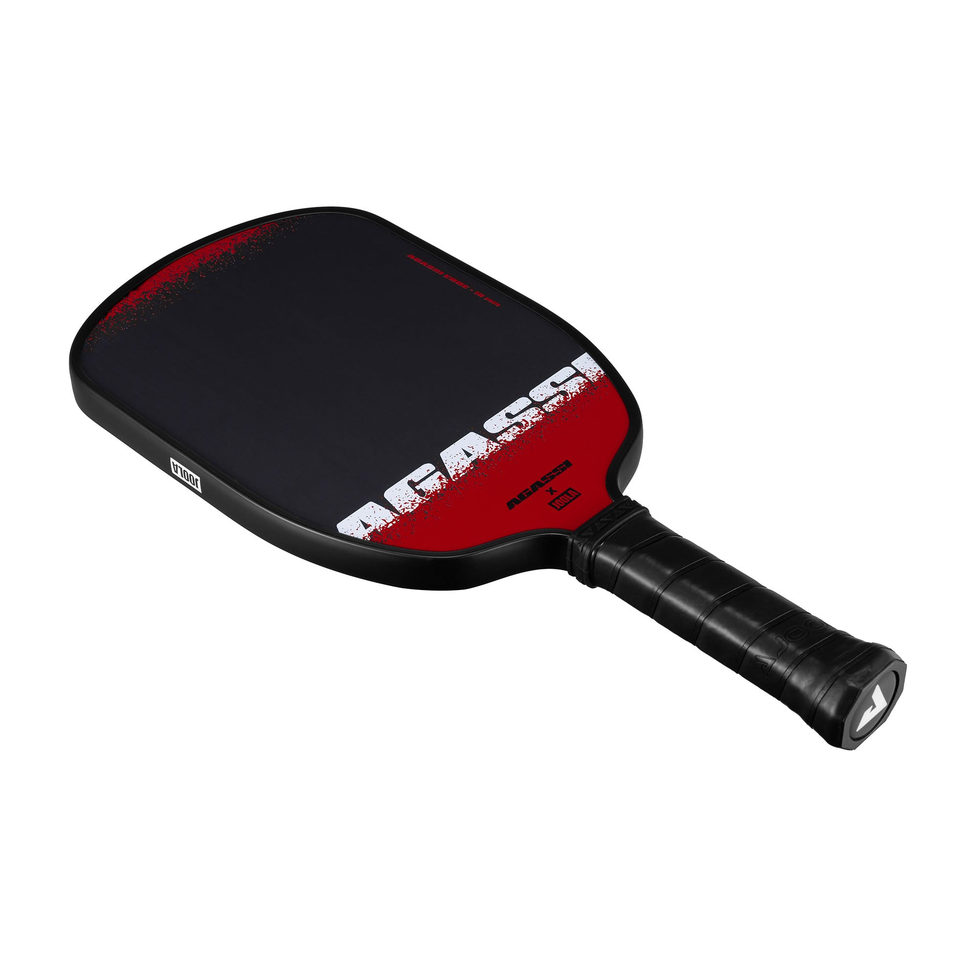 White background, image of the Agassi x JOOLA Agassi Edge pickleball paddle with black grip on the handle.