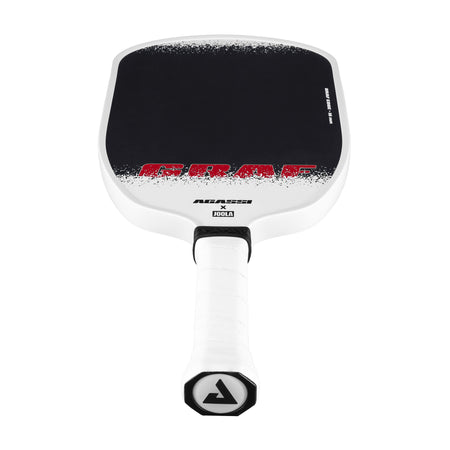 White background image, the Graf Edge pickleball paddle showing off the black, red and white paddle face and white paddle handle with JOOLA trinity end cap.