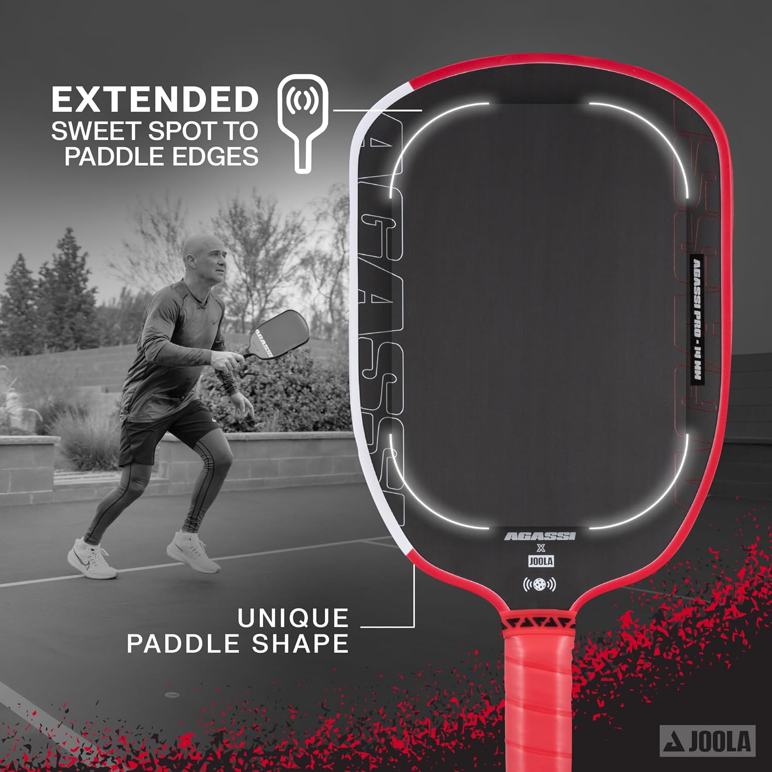 Agassi x JOOLA pickleball paddle infographic with extended sweet spot feature and Andre Agassi on court in the background.