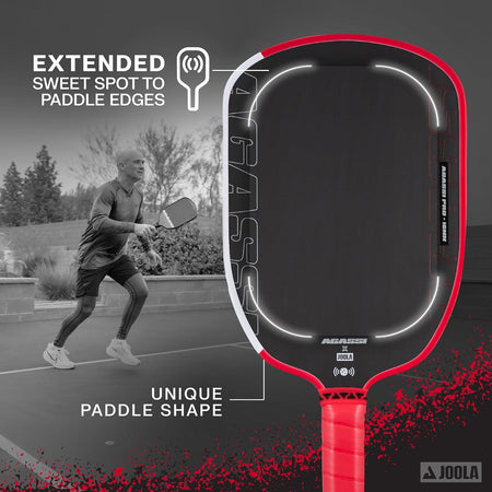 JOOLA's breakdown of a Agassi Pickleball paddle with extended sweet spot feature and player on court in background.