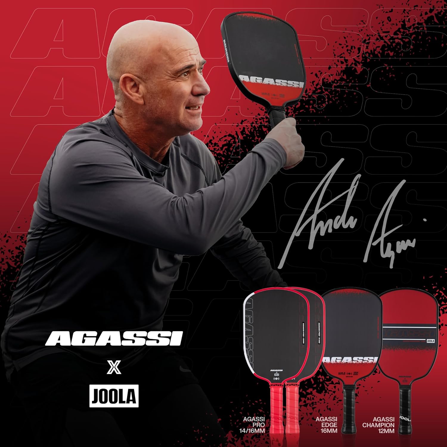 Andre Agassi holding a pickleball paddle with Agassi branding on a red and black background.