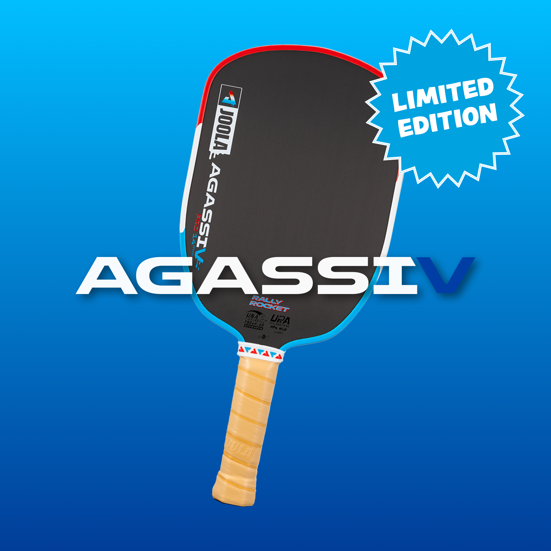 Limited edition JOOLA Agassi Pro V rally rocket pickleball paddle.