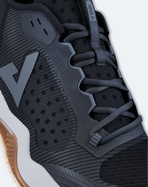 Close-up view of a black pair of JOOLA R4LLy pickleball shoes.
