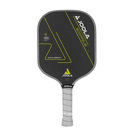 White Background Image: JOOLA Anna Bright Scorpeus CFS 14 with black paddle face, lemon accent font and JOOLA Trinity logo, gray edge guard, gray Feel-Tec Pure Grip