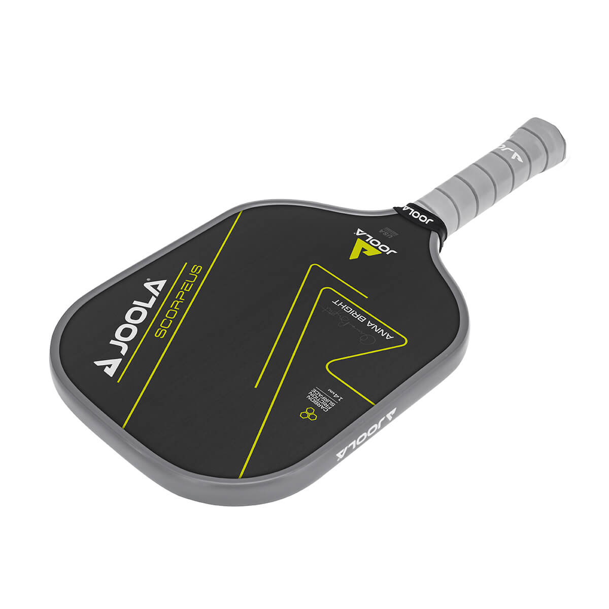 White Background Image: JOOLA Anna Bright Scorpeus CFS 14 with black paddle face, lemon accent font and JOOLA Trinity logo, gray edge guard, gray Feel-Tec Pure Grip