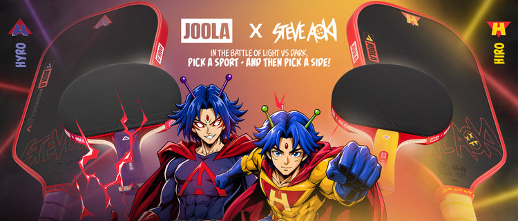 Promotional graphic for a JOOLA x Steve Aoki pickleball paddle and table tennis racket set, featuring two illustrated characters in superhero costumes in front of two paddle designs with red, black, and orange graphics.