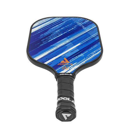 White Background Product Photo: JOOLA Astro Pickleball Paddle with a diagonally striped blue and white paddle face, black Feel-Tec Grip with white JOOLA logo