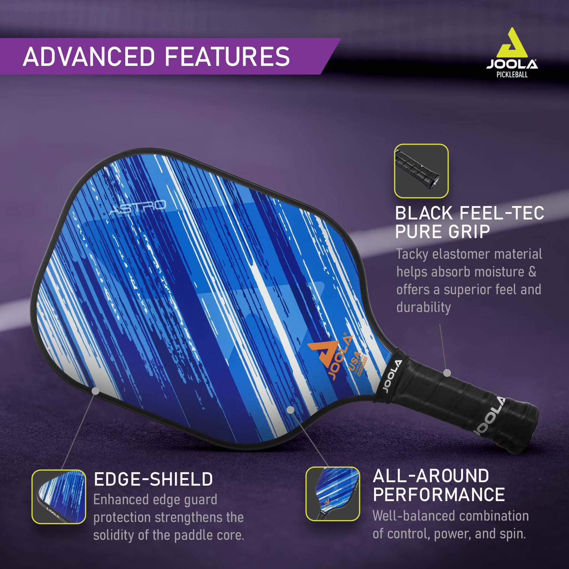 Inforgraphic showing the advanced features of the JOOLA Astro Pickleball paddle.