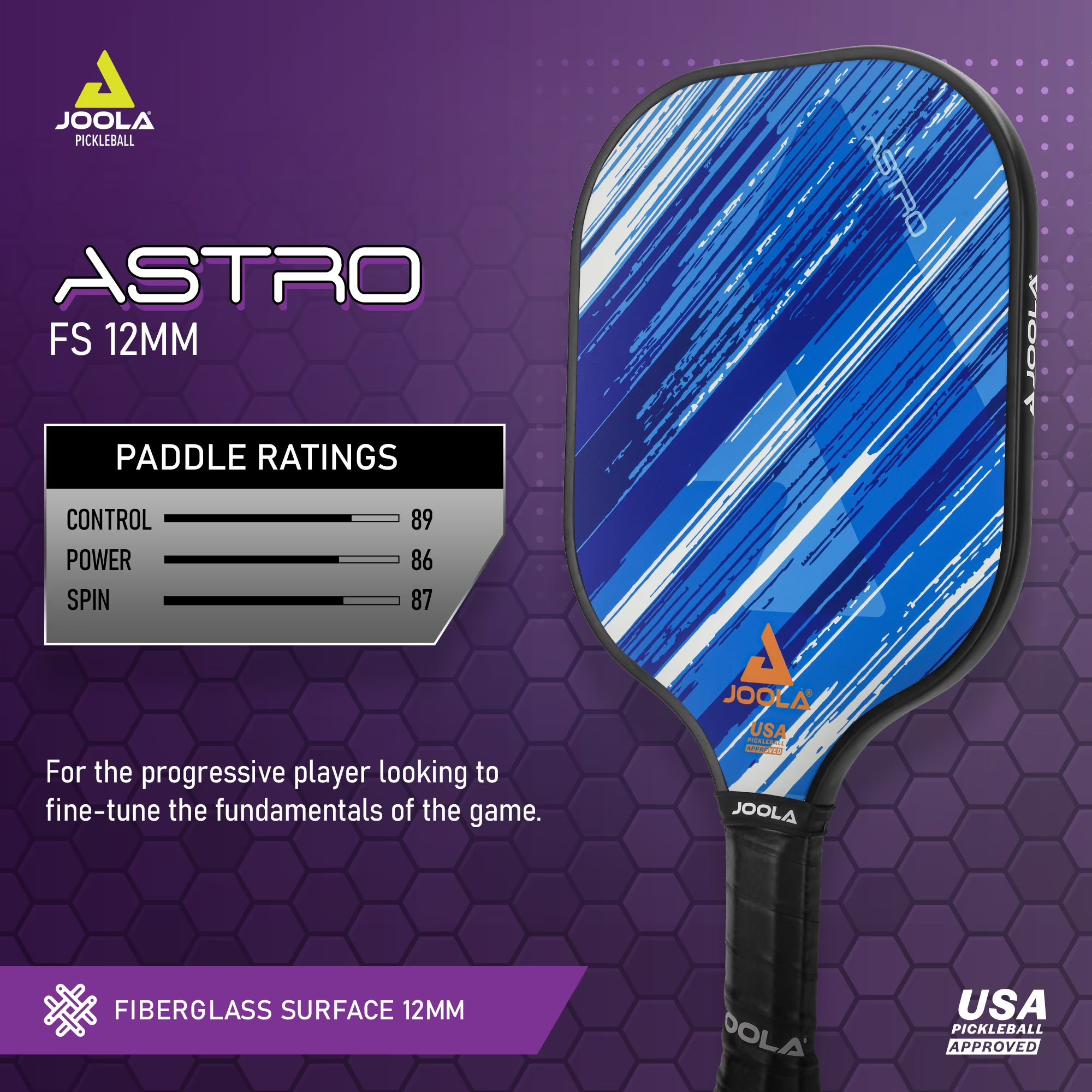 Infographic specs for the Astro FS 12MM pickleball paddle.