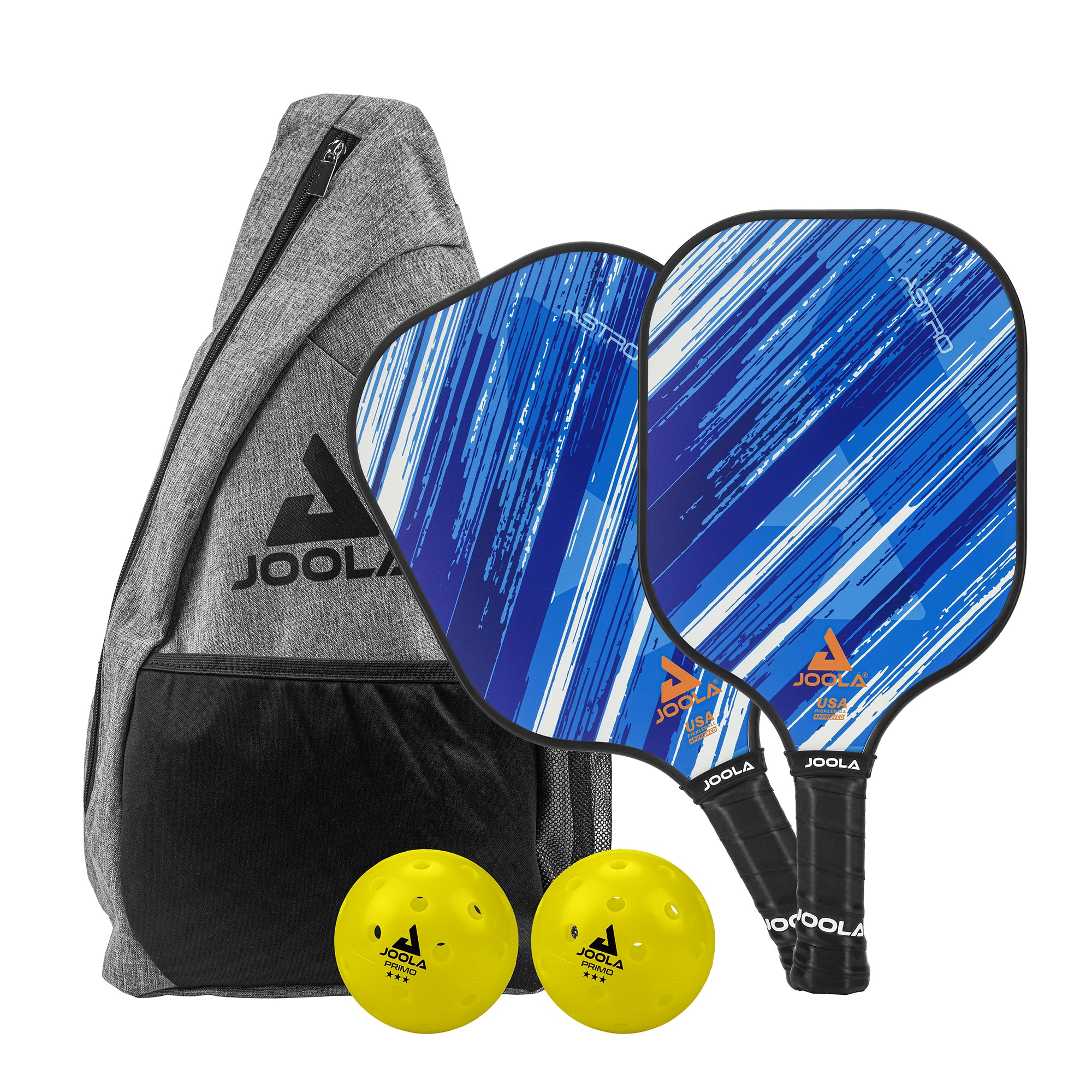 White background, product image showing the JOOLA Sling Bag, Two JOOLA Primo Balls, and two Astro pickleball paddle.