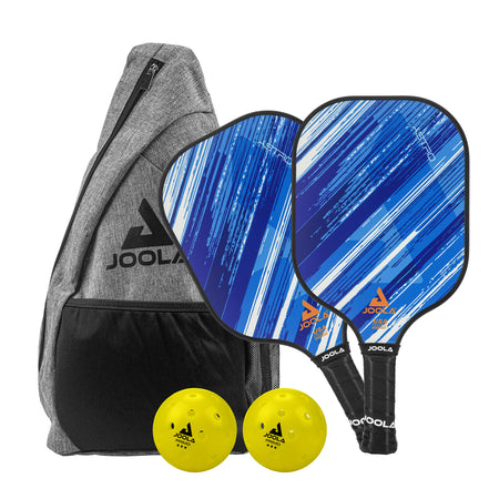 White background, product image showing the JOOLA Sling Bag, Two JOOLA Primo Balls, and two Astro pickleball paddle.