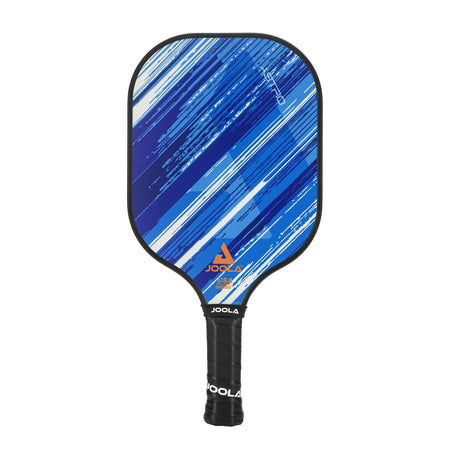 White background, angled viewed of the JOOLA Astro Pickleball Paddle, black handle and a blue and white paddle surface.