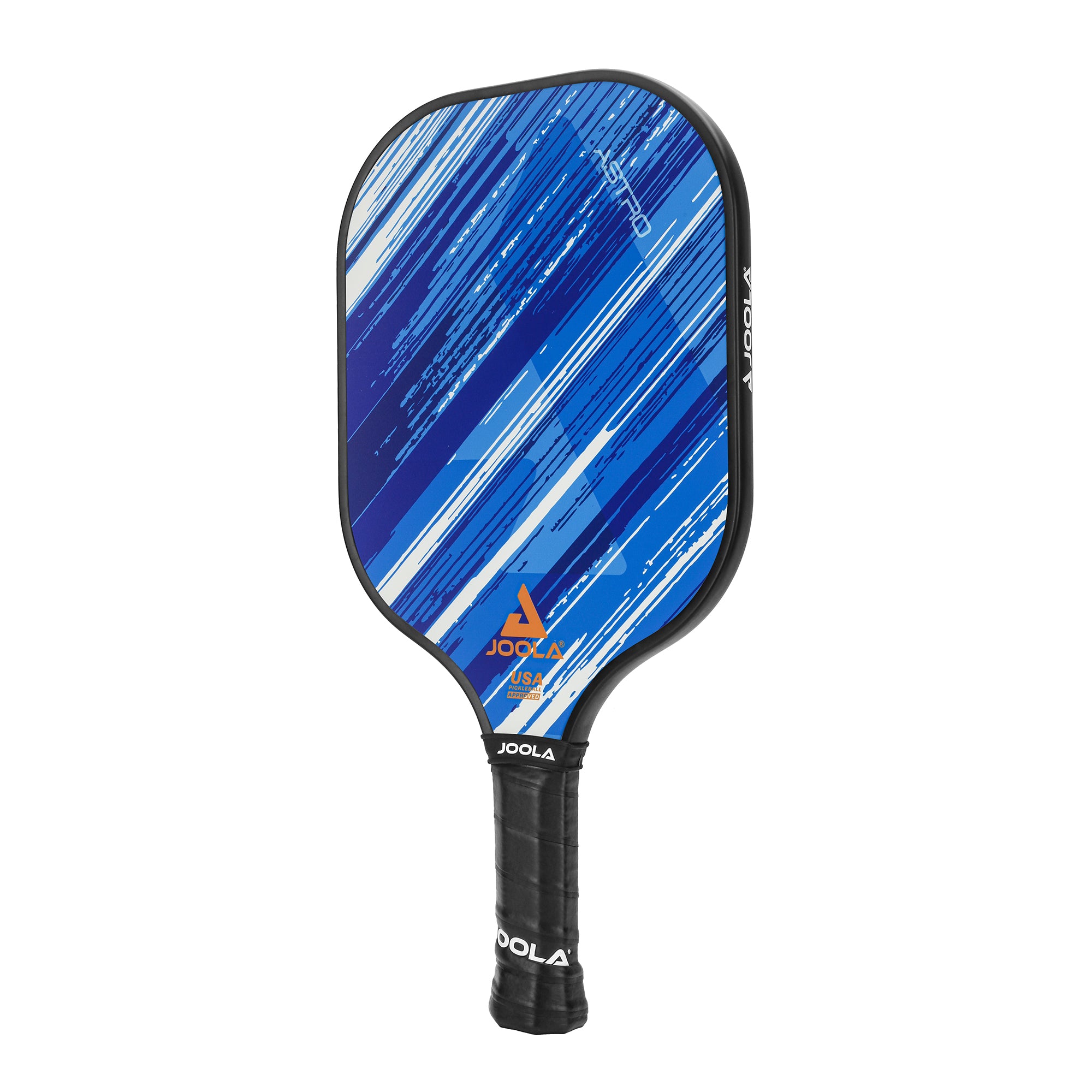 White background, angled view of the JOOLA Astro Pickleball Paddle, white and blue paddle surface and a black handle.