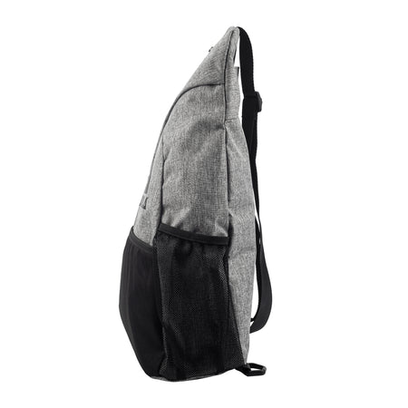 White background, product image of the JOOLA Sling Bag that comes in the JOOLA Astro Paddle Pickleball Set. Showing the water bottle pocket on the side of the sling bag.