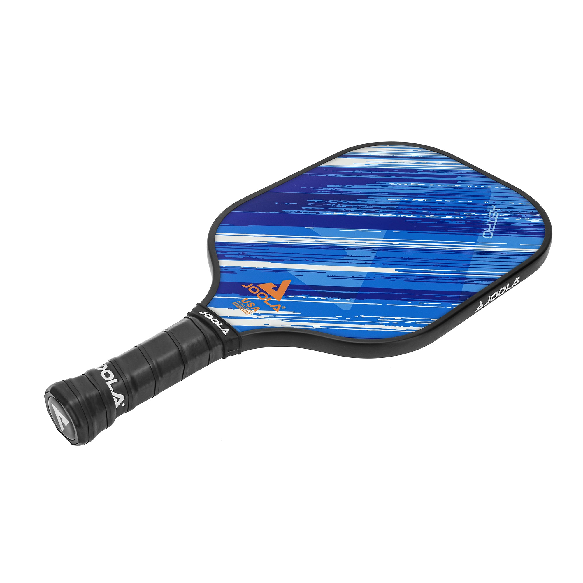 White background, product image showing the JOOLA Astro pickleball paddle, blue and white paddle face and black handle.