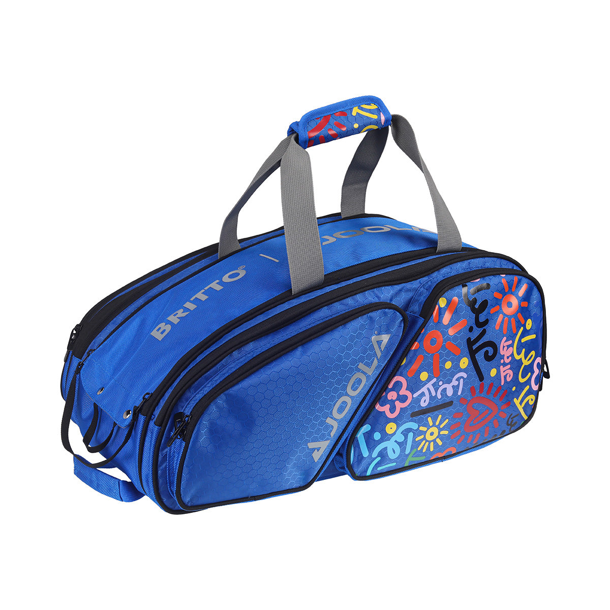 White Background Image: Blue BRITTO x JOOLA Tour Elite pickleball bag. Grey carrying straps, grey JOOLA x BRITO logo and unique BRITTO art design on the side.