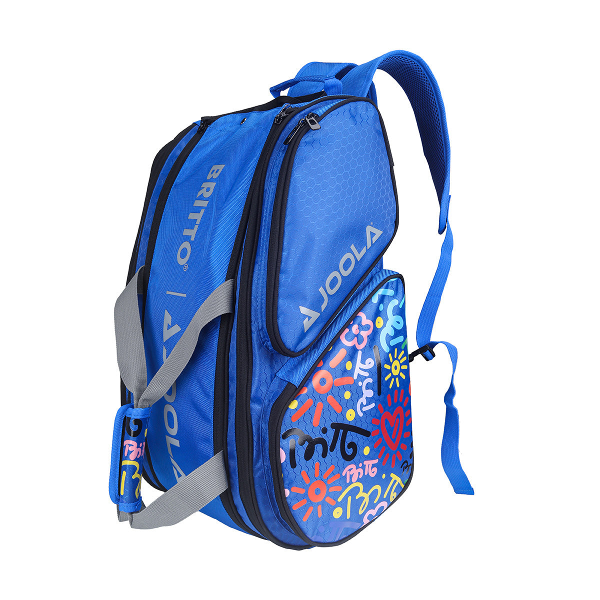 White Background Image: Blue BRITTO x JOOLA Tour Elite pickleball bag. Grey carrying straps, grey JOOLA x BRITO logo and unique BRITTO art design on the side.