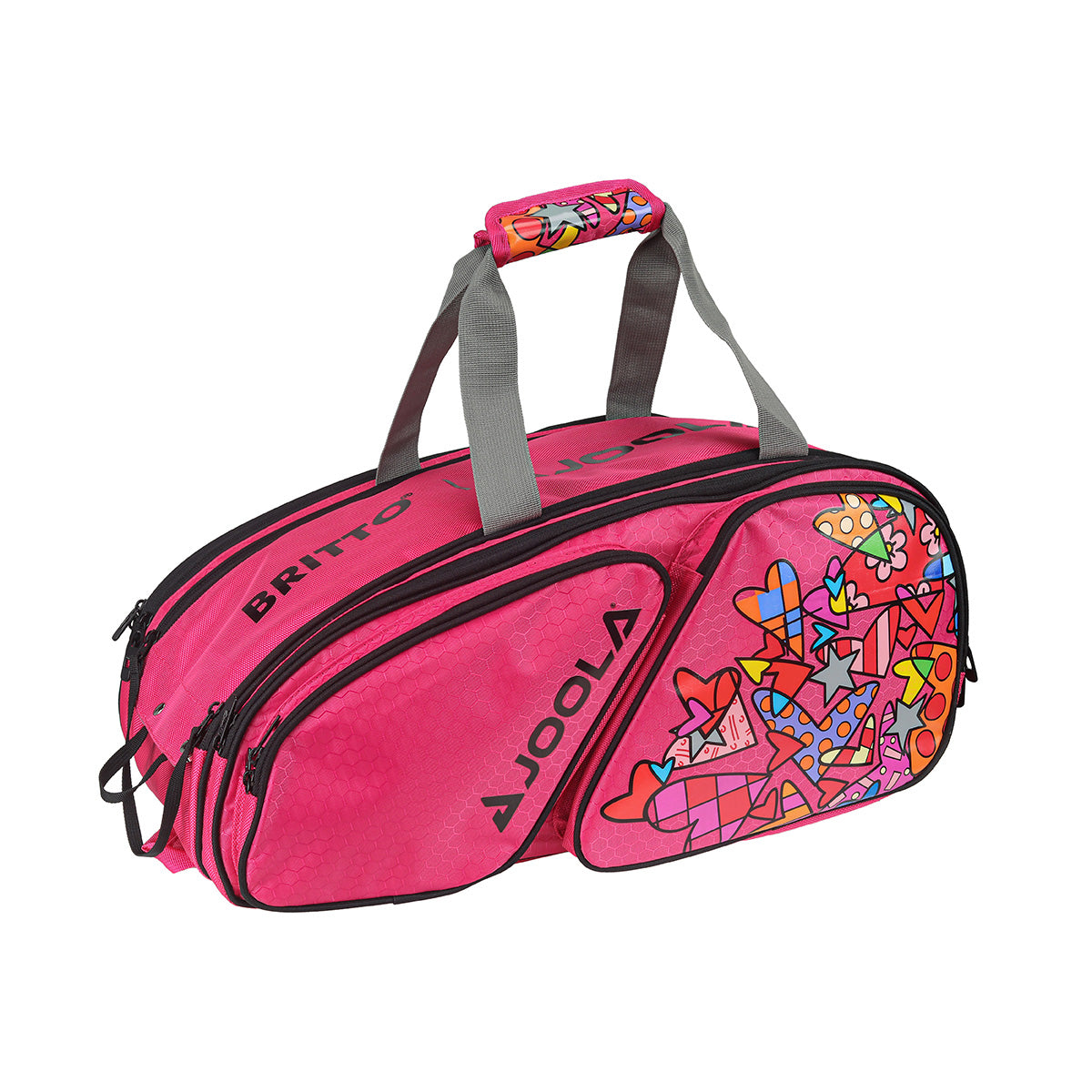 White Background Image: BRITTO x JOOLA Tour Elite Pickleball bag. Hot pink, unique BRITTO design with black BRITTO x JOOLA logo and gray straps.