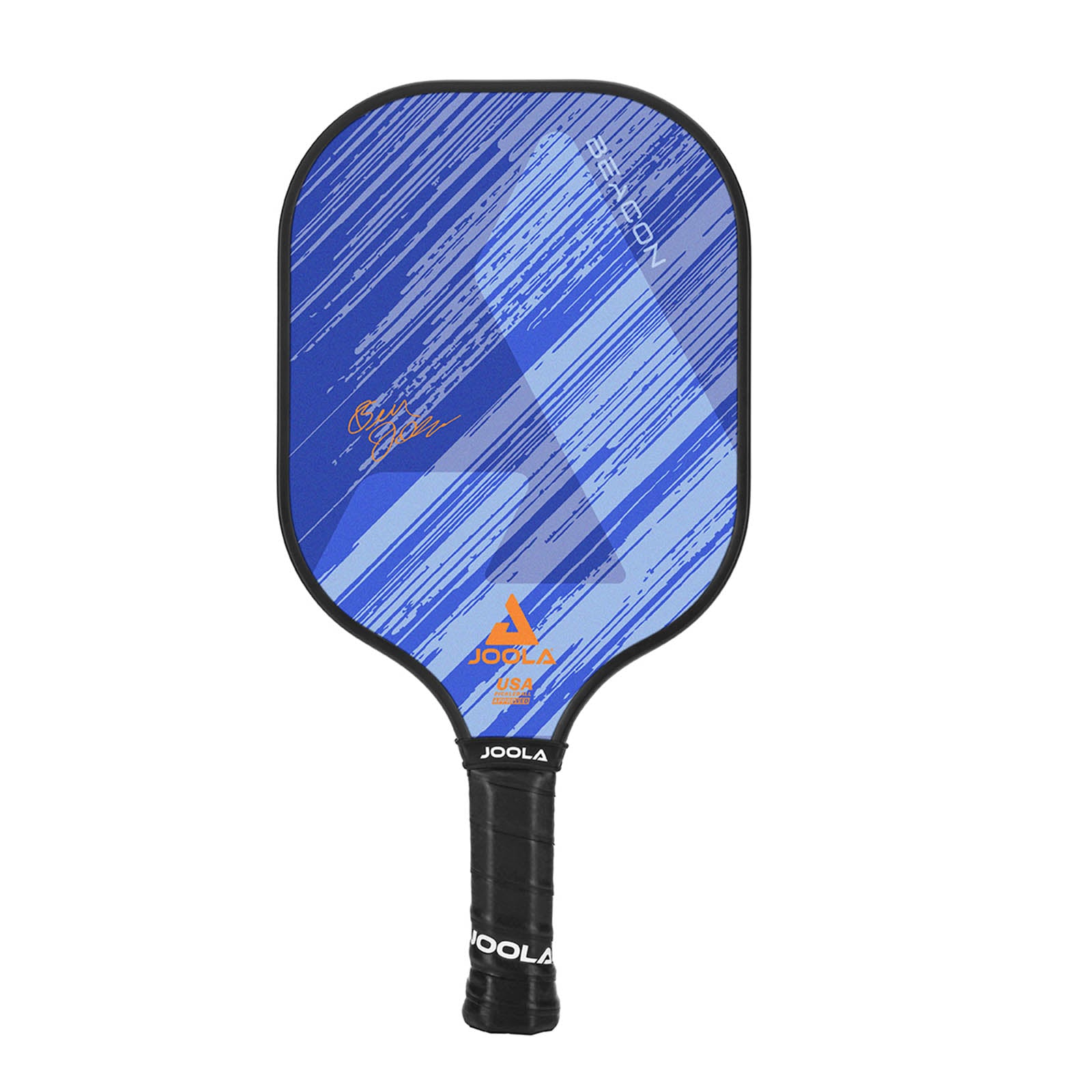 White background, product image of the JOOLA Beacon Pickleball Paddle with a black handle and blue JOOLA graphic on the paddle's face.