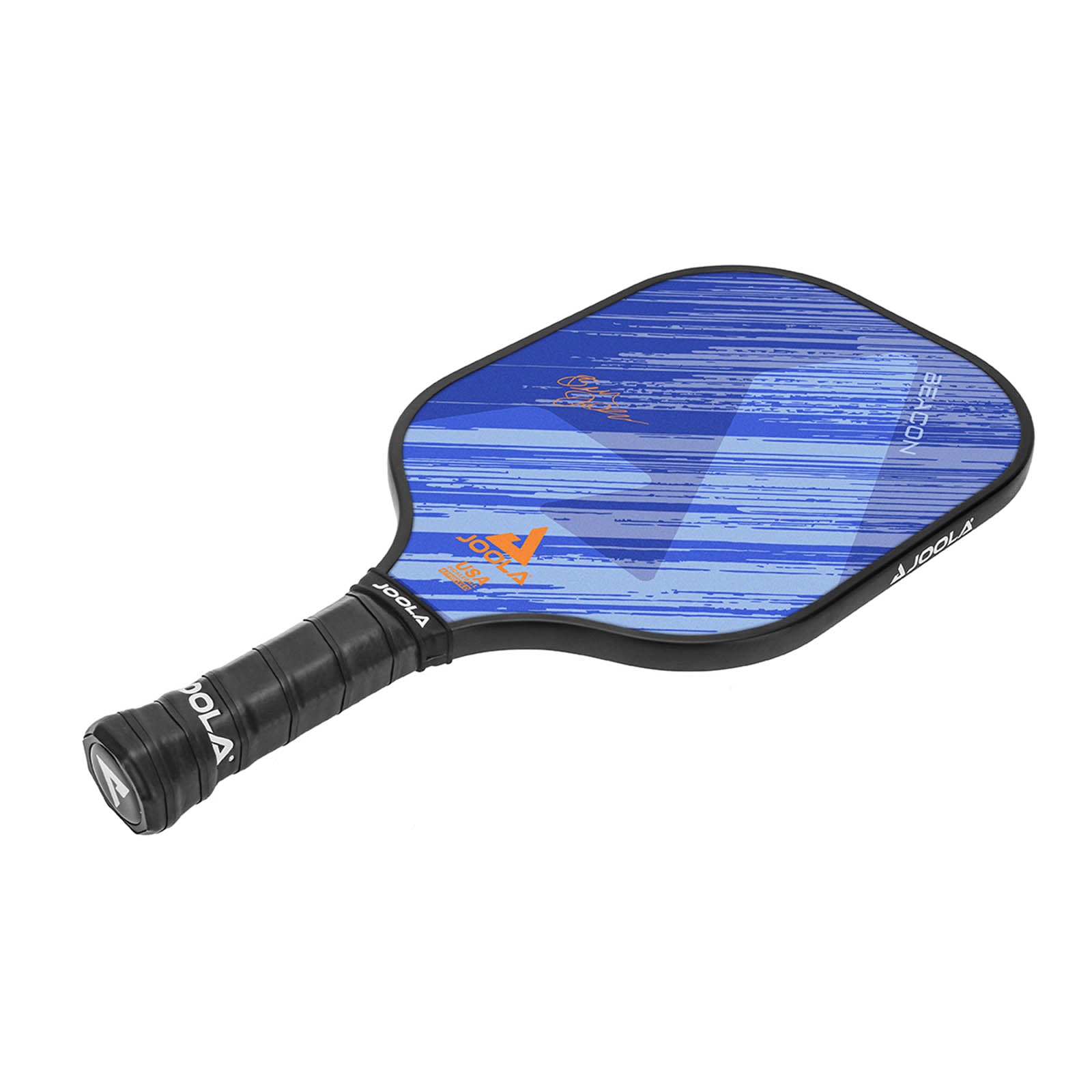 White background, product image of a JOOLA Beacon Pickleball paddle, black handle and blue graphic on paddle surface.