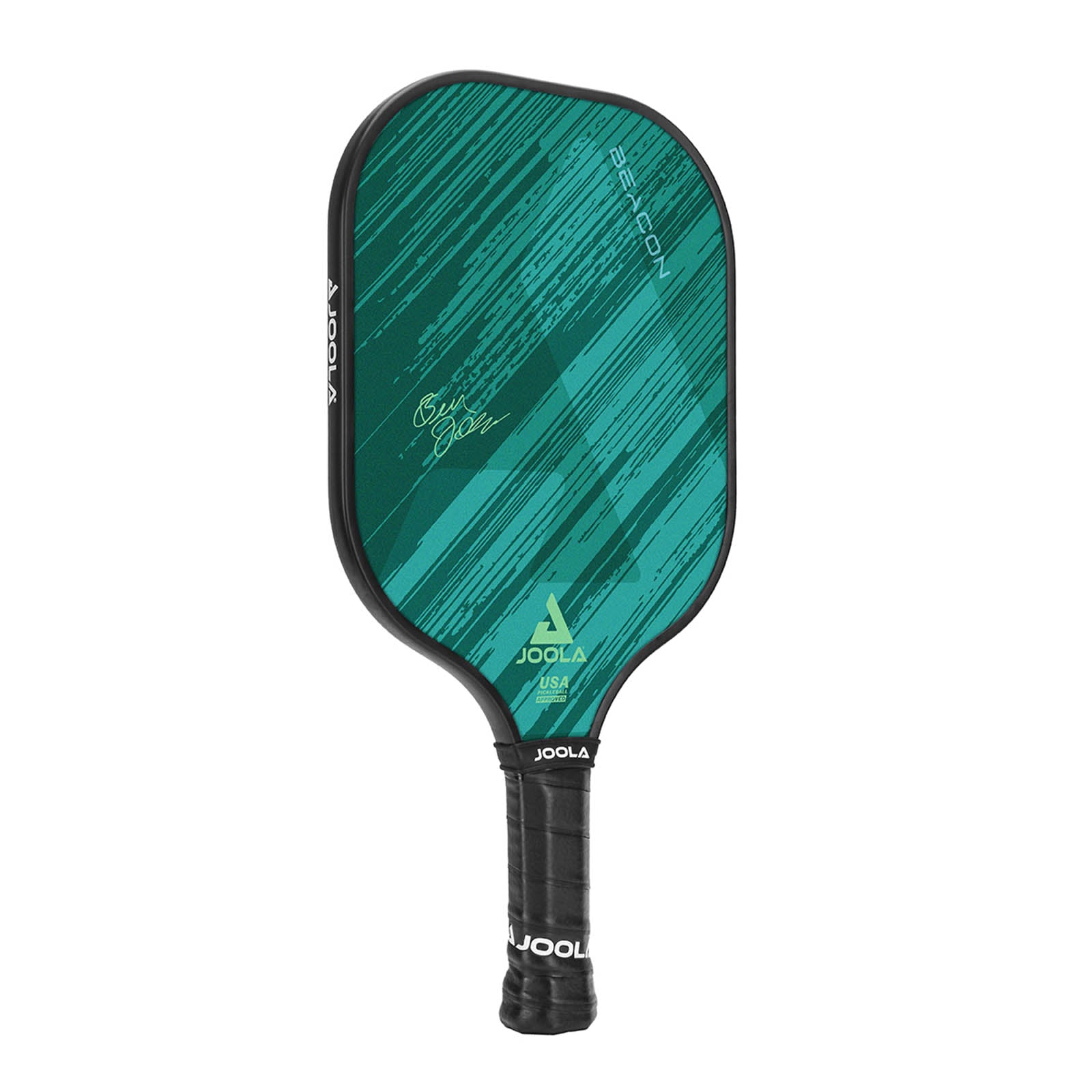 White background, angled product image of the JOOLA Beacon Pickleball Paddle with a black handle and green JOOLA graphic on the paddle's face.