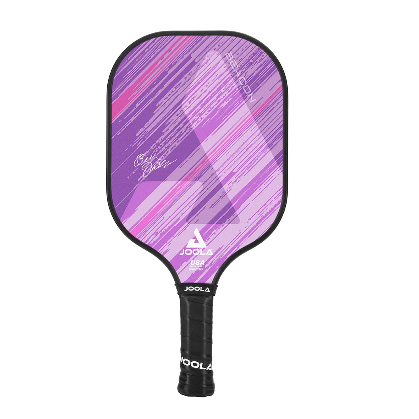 White background, product image of the JOOLA Beacon Pickleball Paddle with a black handle and purple JOOLA graphic on the paddle's face.