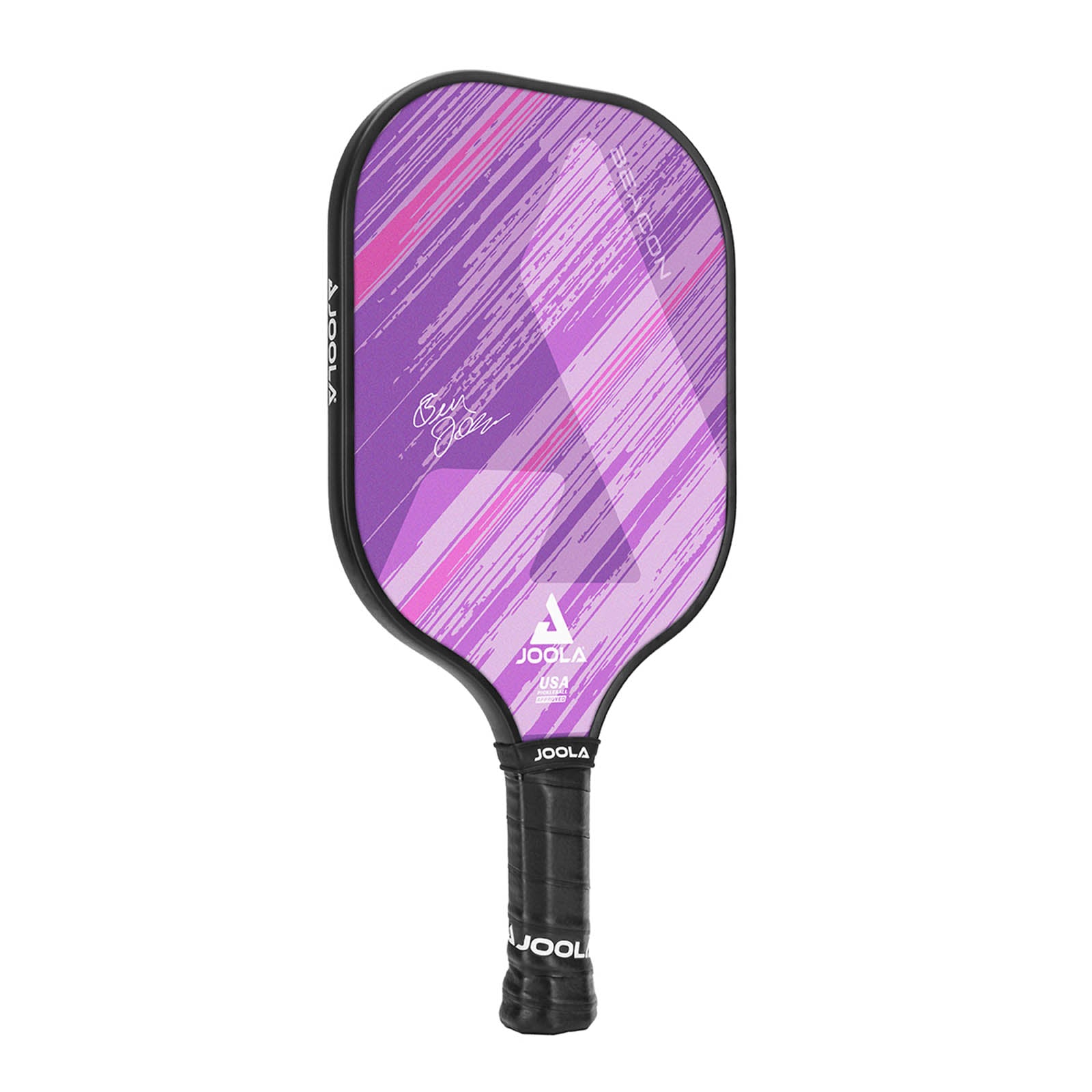 White background, angled product image of the JOOLA Beacon Pickleball Paddle with a black handle and purple JOOLA graphic on the paddle's face.