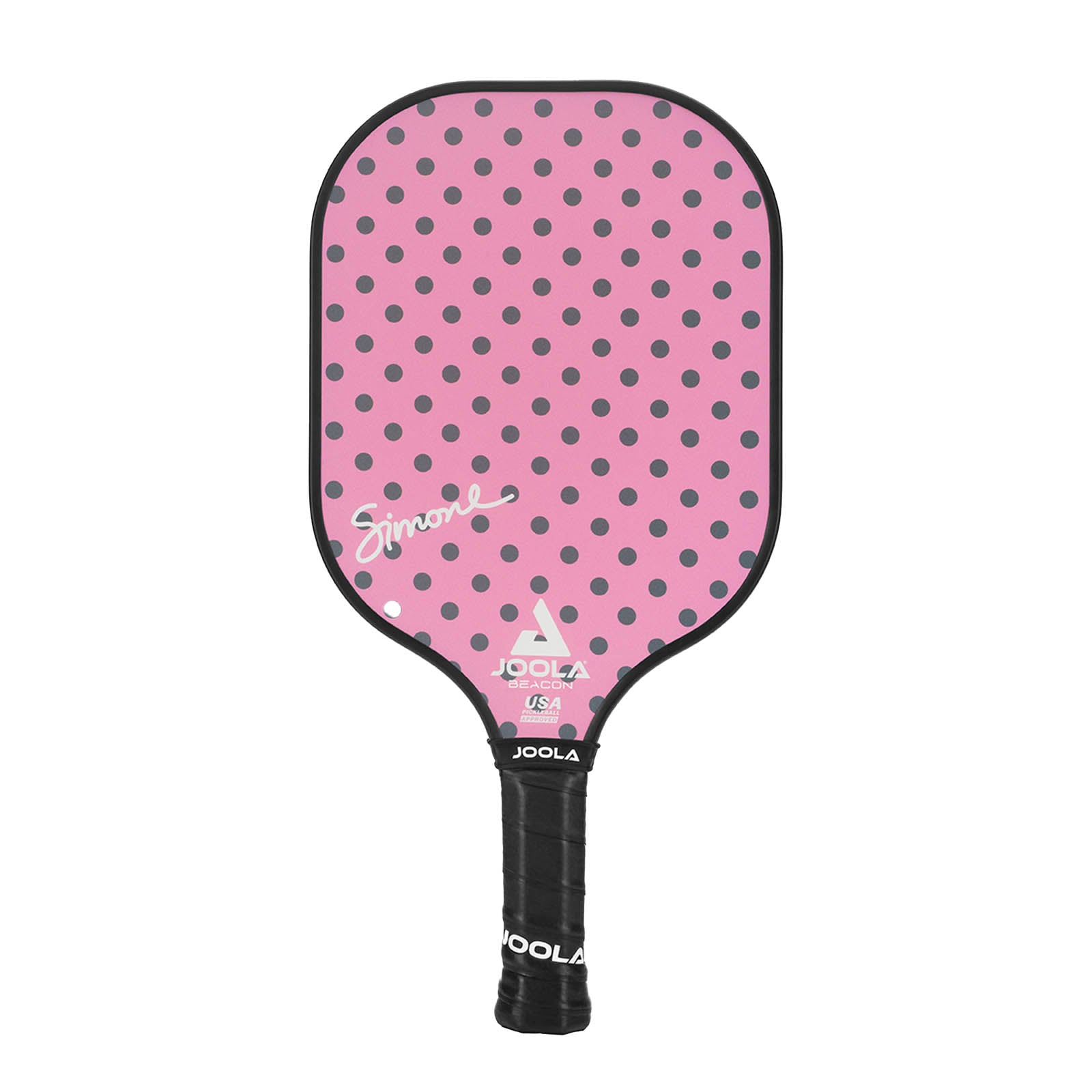 White background, product image of a JOOLA Beacon Pickleball Paddle, the paddle has a black handle and the signature of Simone Jardim on the paddle's pink with polkadots paddle-face. 