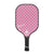 White background, product image of a JOOLA Beacon Pickleball Paddle, the paddle has a black handle and the signature of Simone Jardim on the paddle's pink with polkadots paddle-face. 