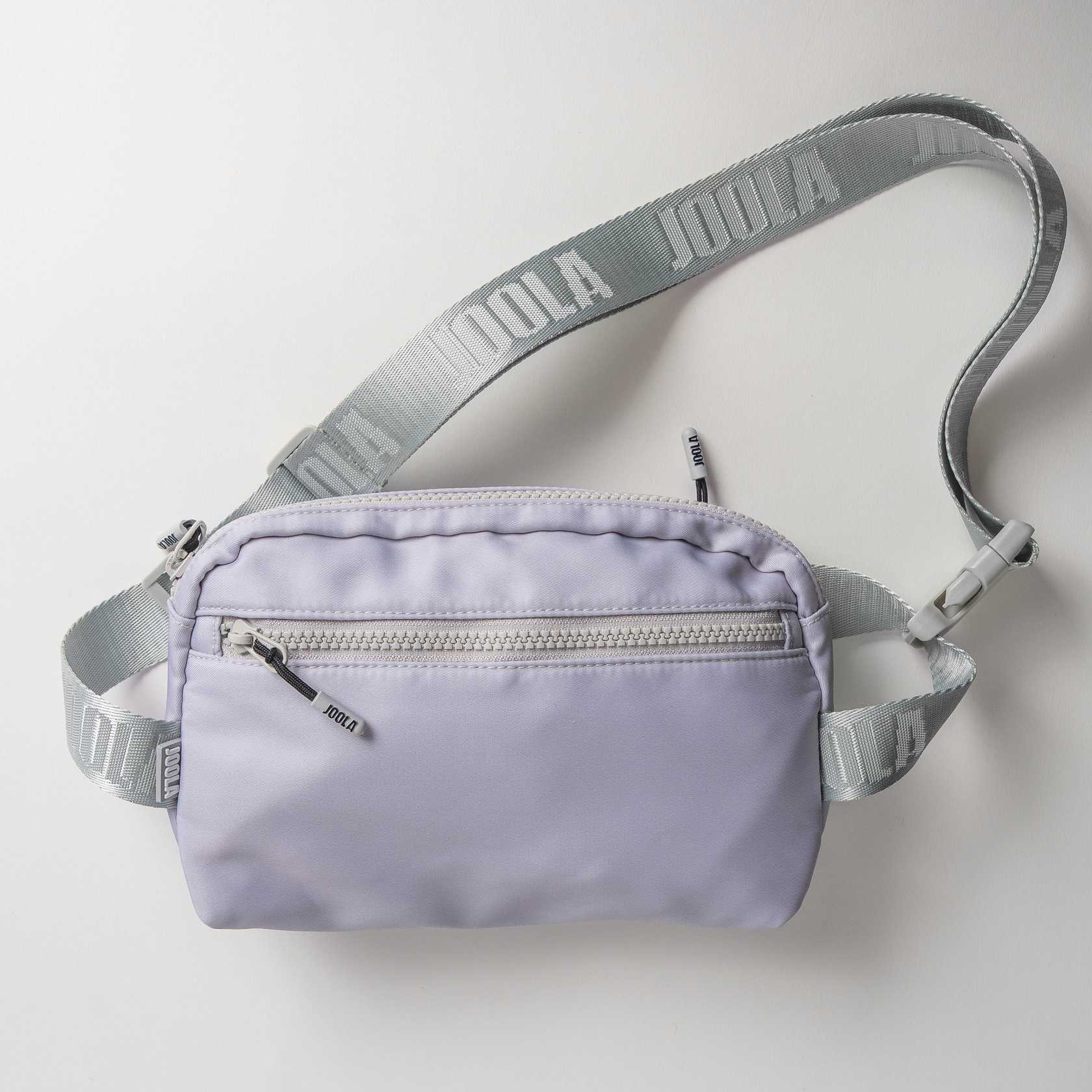 Gray background, product image of a JOOLA Belt Bag, purple with a gray handle.