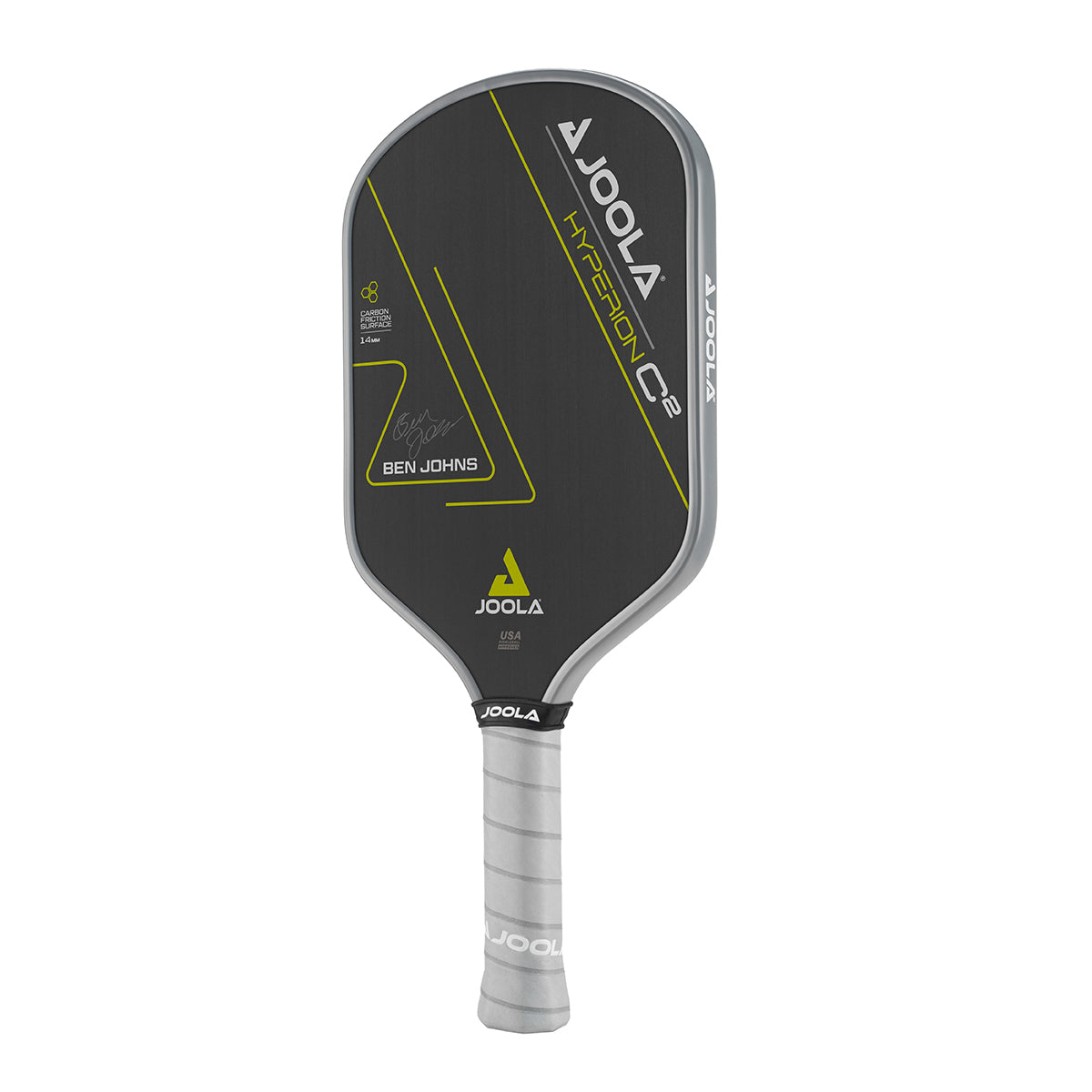 White Background Image: Ben Johns Hyperion C2 Pickleball paddle. Black surface with yellow lines and Ben Johns' signature. Grey handle and grey edge guard with white JOOLA logo.