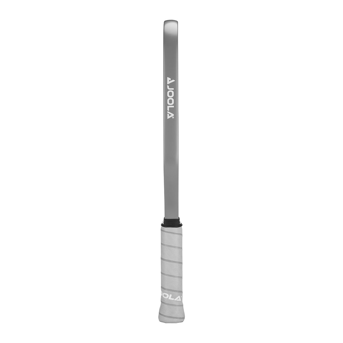 White Background Image: Side shot of the Ben Johns Hyperion C2 Pickleball paddle. Grey handle and gray edge guard with JOOLA logo in white.