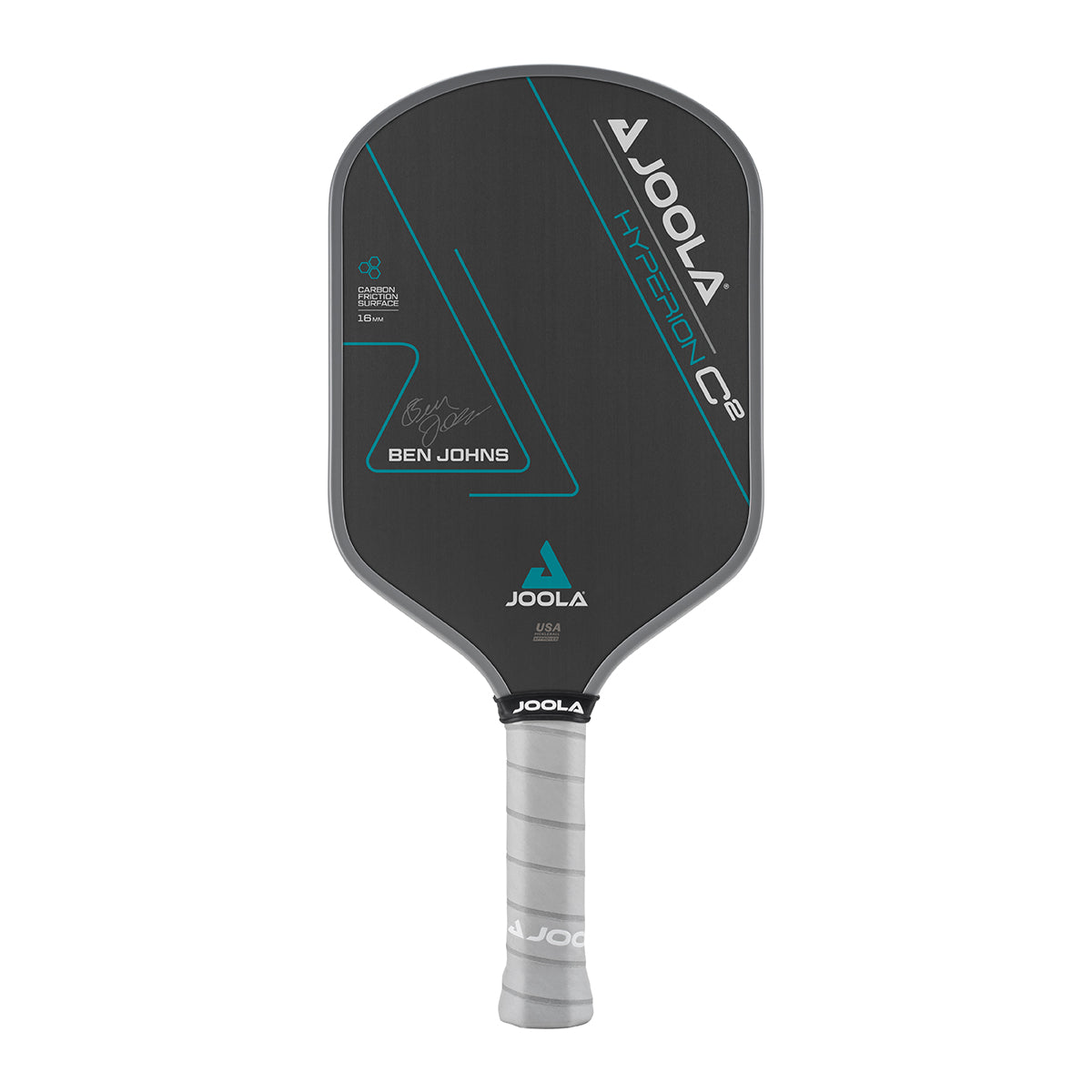 White Background Image: Ben Johns Hyperion C2 Pickleball paddle. Black surface with turquoise lines and Ben Johns' signature. Grey handle and grey edge guard with white JOOLA logo.