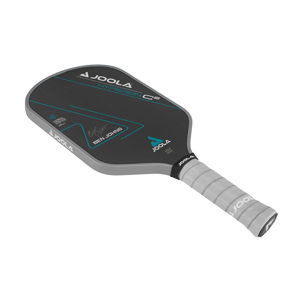 White Background Image: Ben Johns Hyperion C2 Pickleball paddle. Black surface with turquoise lines and Ben Johns' signature. Grey handle and grey edge guard with white JOOLA logo.