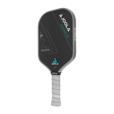 White Background Image: JOOLA Ben Johns Perseus CFS 16 with black paddle face, teal accent font and JOOLA Trinity logo, gray edge guard, gray Feel-Tec Pure Grip