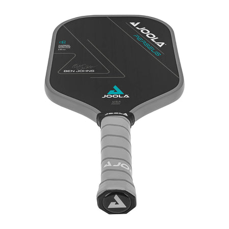 White Background Image: JOOLA Ben Johns Perseus CFS 16 with black paddle face, teal accent font and JOOLA Trinity logo, gray edge guard, gray Feel-Tec Pure Grip