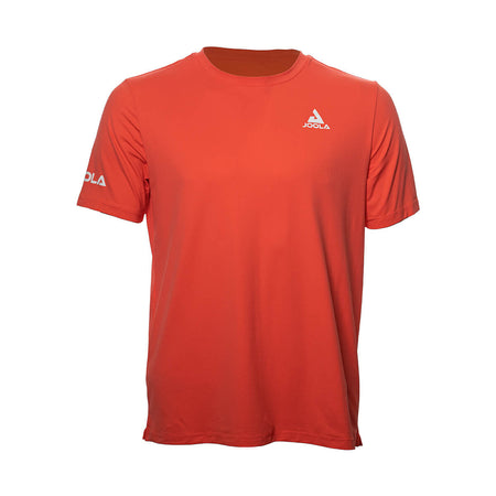 White Background Image: Short-sleeved Ben Johns React Shirt in Hot Coral with white stacked JOOLA logo on left chest #Hot Coral