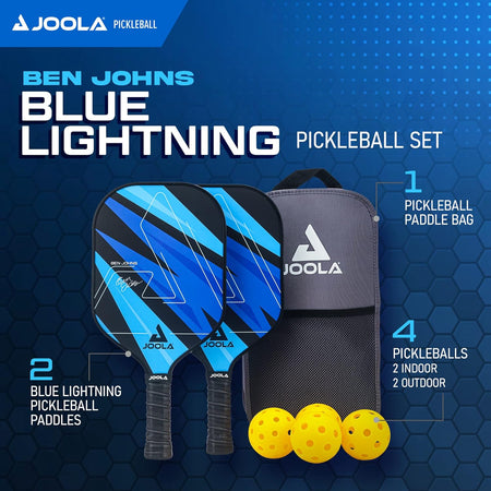 Infographic image of the JOOLA Blue Lightning pickleball set with two paddles, a bag, and four balls on a blue background.