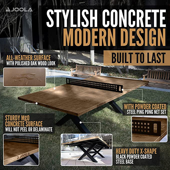 Detailed infographic for the Stylish Concrete Modern Design of the JOOLA Berkshire table tennis table.