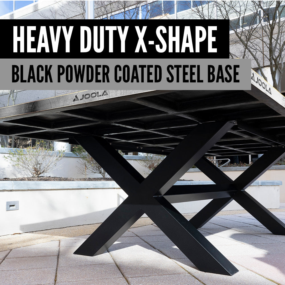 Heavy-duty X-shaped metal base with black powder coating, brand 'JOOLA' visible, on a light background.