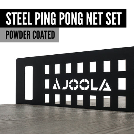 Powder-coated steel ping pong net set with JOOLA branding on a wooden floor.