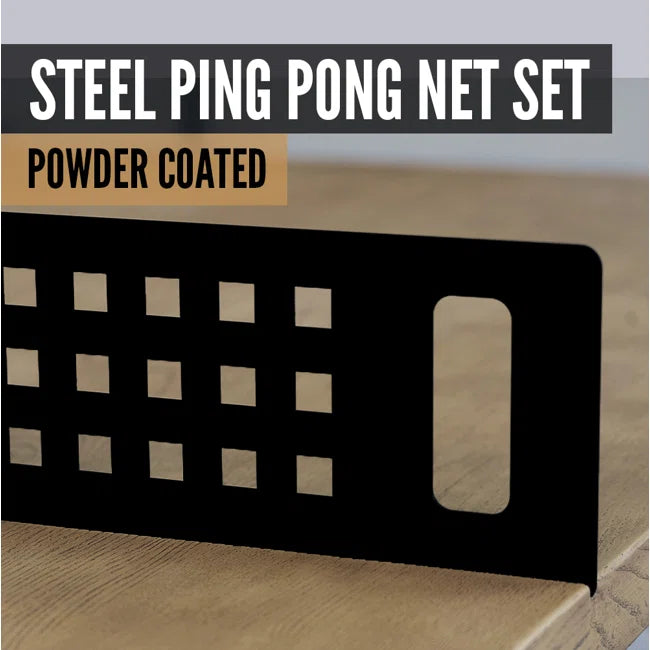 Close up image of the steel table tennis net on the JOOLA Berkshire Brown table tennis table.