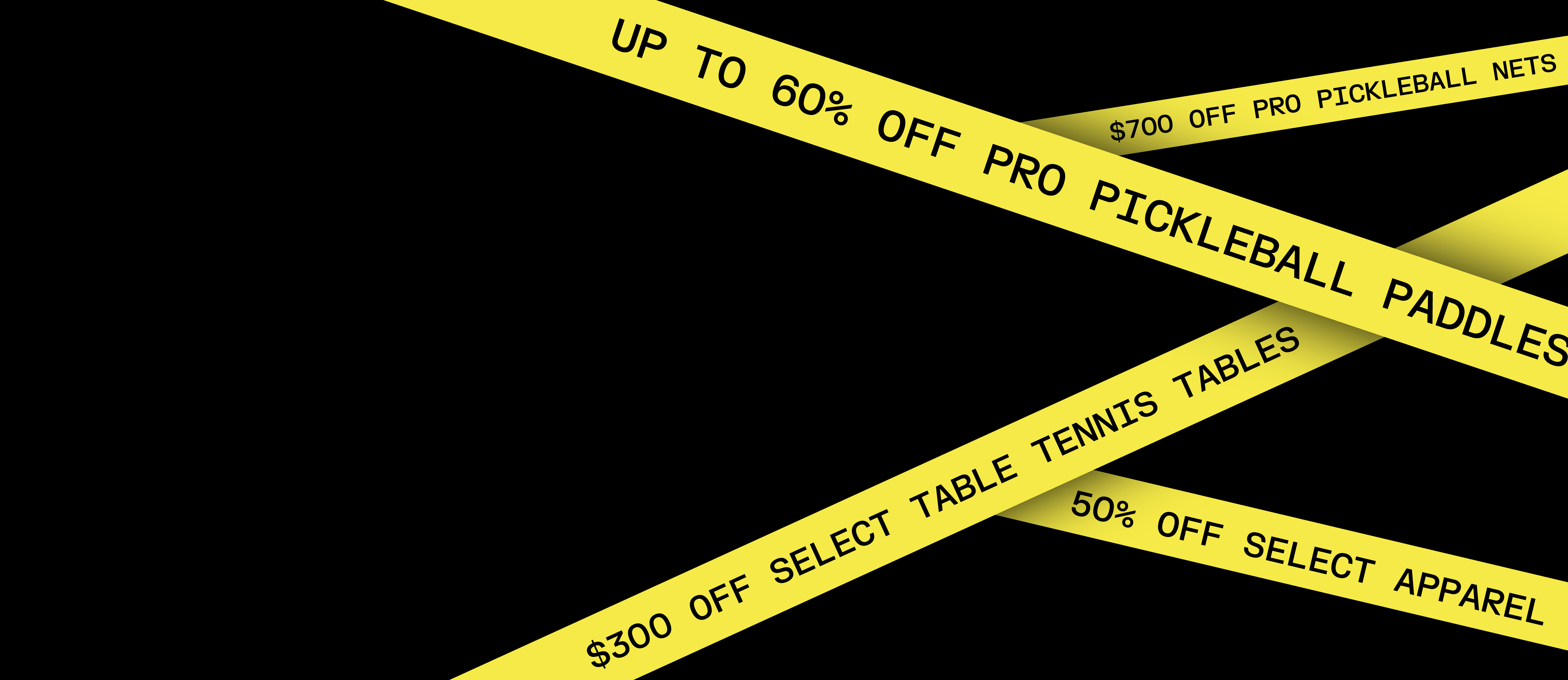Yellow caution tape with promotional text on a black background